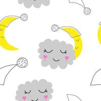 Cute sky pattern. Seamless vector design with smiling, sleeping moon and clouds. Pattern for kids. Hand drawn.