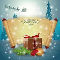 Plantilla de tarjeta navideña con espacio de copia, pergamino antiguo, regalos y paisaje invernal en el fondo vector