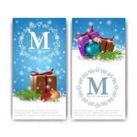 Merry Christmas, vertical greeting banners with present and christmas tree branches vector