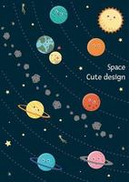 vector tarjeta del sistema solar para niños. Ilustración plana brillante y linda de la tierra sonriente, sol, luna, venus, marte, júpiter, mercurio, saturno, neptuno sobre fondo azul oscuro.