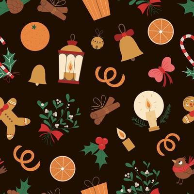Vector seamless pattern of Christmas elements with lantern, gingerbread man, orange, mistletoe, candle on black background. Cute funny repeat texture of new year symbols. Christmas flat style picture