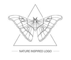 vector dibujado a mano polilla de atlas tropical en un triángulo. Logotipo de temática tropical para diseño natural. Esquema de mariposa aislado sobre fondo blanco.