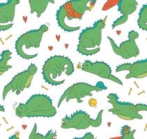 Vector seamless pattern of funny colored dinosaurs in different poses. Comic dino background in cartoon style. Doodle line drawing of sarcastic reptiles