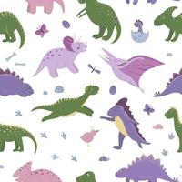 Vector seamless pattern with cute dinosaurs with clouds, eggs, bones, birds for children. Dino flat cartoon characters background. Cute prehistoric reptiles illustration.