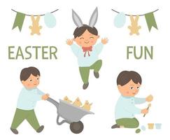 vector conjunto de un niño feliz haciendo actividades de pascua. Ilustración divertida de primavera. lindo niño coloreando huevo, conduciendo una carretilla con pollitos, saltando de alegría.