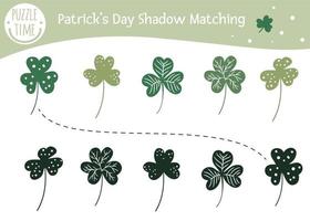 Saint Patrick Day shadow matching activity for children with shamrock. Preschool Irish holiday puzzle. Cute spring educational riddle. Find the correct silhouette game. vector