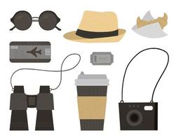 Vector flat illustration of sun glasses, hat, camera, tickets, binoculars coffee, croissant. Trendy journey kit. Travel objects set isolated on white background. Vacation infographic elements