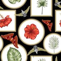 Vector seamless pattern of green tropical leaves,  red hibiscus flowers and exotic insects with golden chain on black background. Summer or spring repeat tropic backdrop. Exotic fashion ornament.