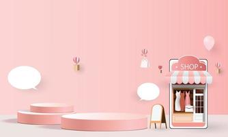 compras en línea en el teléfono con el vector del ejemplo de la caja de regalos del fondo rosado moderno del arte del papel del podio.