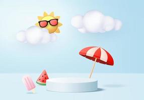 Escena del podio de la exhibición del producto del fondo del verano 3d con la plataforma de la nube. vector de verano de fondo render 3d con sol, helado, sandía en el podio. stand mostrar producto cosmético mostrar estudio azul