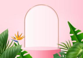 3d pink flamingo render for summer, background product display podium scene with green leaf geometric platform. background vector 3d render with podium. stand to show cosmetic product display studio