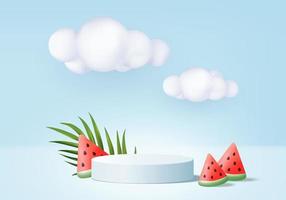 3d summer background product display podium scene with cloud platform. background summer vector 3d render with sun, ice cream, watermelon on podium. stand show cosmetic product display blue studio