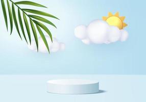 3d summer background product display podium scene with cloud platform. background summer vector 3d render with sun, leaf palm, watermelon on podium. stand show cosmetic product display blue studio