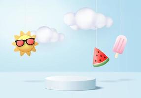 3d summer background product display podium scene with cloud platform. background summer vector 3d render with sun, ice cream, watermelon on podium. stand show cosmetic product display blue studio