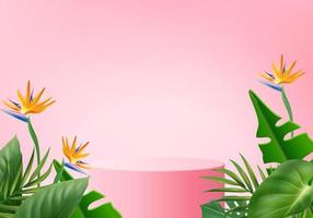 3d pink flamingo render for summer, background product display podium scene with green leaf geometric platform. background vector 3d render with podium. stand to show cosmetic product display studio