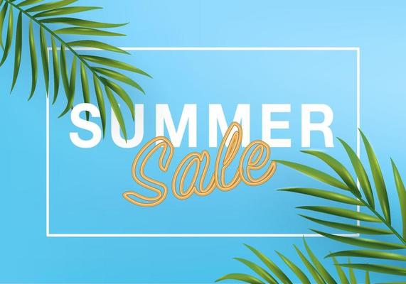 3d summer tropical sale background vector. top view on palm leaves, monstera leaf, 3d background blue for wall framed prints, canvas prints, poster, tropical backdrop. banner promo badge for holiday