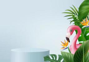 3d blue flamingo render for summer, background product display podium scene with green leaf geometric platform. background vector 3d render with podium. stand to show cosmetic product display studio