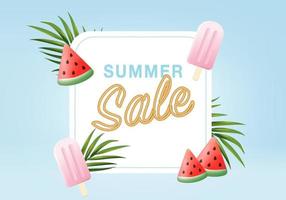 3d summer background product display podium scene with cloud platform. background summer vector 3d render with sun, ice cream, watermelon on podium. stand show cosmetic product display blue studio