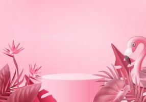 Representación 3d del flamenco rosado para el verano, anillo inflable de la piscina con forma de pájaro tropical, flotador. Escena de goma de vacaciones de vacaciones de verano, viajando. escaparate del escenario en el pedestal 3d vector de fondo rosa