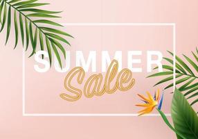3d summer tropical sale background vector. top view on palm leaves, monstera leaf, 3d background pink for wall framed prints, canvas prints, poster, tropical backdrop. banner promo badge for holiday vector