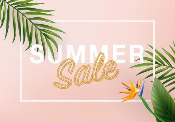 3d summer tropical sale background vector. top view on palm leaves, monstera leaf, 3d background pink for wall framed prints, canvas prints, poster, tropical backdrop. banner promo badge for holiday