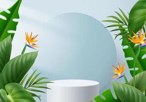 3d blue palm render for summer tropical. background product display podium scene with holiday tropical platform. summer background vector 3d with podium. stand for cosmetic product display