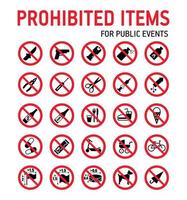 Prohibition signs collection security control in stadium during mass events. vector