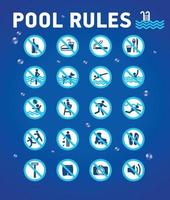 Swimming pool rules on blue with desihn elements-waterdrops. Set of icons and symbol for pool. vector