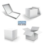 embalaje de cartón caja blanca 3d. Conjunto de entrega marrón de paquetes de diferentes tamaños con carteles postales de frágil. conjunto de cajas de cartón cerradas y abiertas sobre fondo blanco. vector