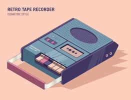 Old cassette player in isometric style. Vector illustration of vintage musical equipment in retro.
