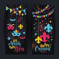 Mardi Gras colored vertical banners set with a mask and fleur-de-lis, isolated on black background. Vector illustration.