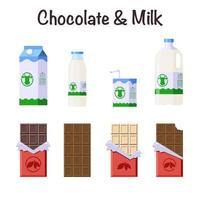 set de chocolate y productos lácteos. estilo plano. colección de barras de caramelo y leche en diferentes paquetes para logotipo, pegatina, impresión, receta, menú, decoración y decoración vector