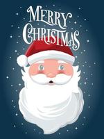 Merry Christmas hand lettering sign with hand drawn Santa Claus on dark blue background with stars. Colorful festive vector illustration