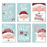 Collection of Christmas and New Year card templates with Santa Claus and hand drawn lettering typography. Holiday icon set. Colorful vector illustration.