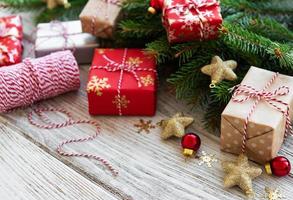 christmas background with decorations and gift boxes photo