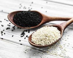 Black and white sesame seeds in a spoons