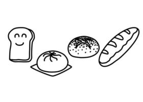 Black and white drawing of a et of bread, bun and baguette. vector