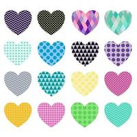 un conjunto de formas de corazón de varios patrones en varios colores. Formas de corazón de estilo vintage para decorar. vector