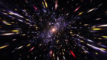 campos de estrellas voladoras, muchas partículas a través del túnel de deformación hiperespacial con luz de destello central video