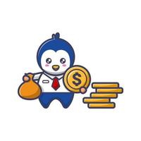 Businessman penguin with dollar coin and a pouch of money vector