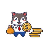 Businessman wolf with dollar coin and a pouch of money vector