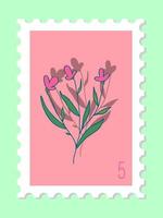 Vector hand drawn postage stamp. Modern vector isolated design of postage stamp. Vector illustration of pink flowers with leaves. Postage Stamp. Post office and post office