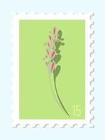 Vector hand drawn postage stamp. Modern vector isolated design of postage stamp. Vector illustration of pink flowers with leaves. Postage Stamp. Post office and post office