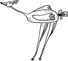 vector pájaro avestruz cigüeña en estilo infantil con patas largas y puntos en el cuello. Dibujo a mano