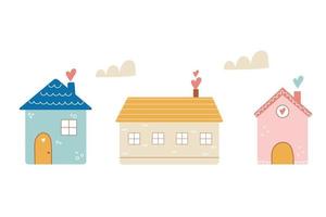 Set of cute houses with windows, flat illustration for print or web design. vector