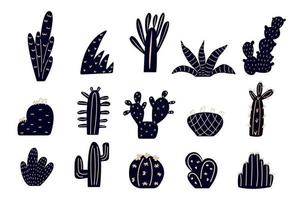 Conjunto de cactus azul oscuro modernos abstractos dibujados a mano, plantas exóticas aisladas sobre fondo blanco. vector