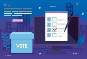 poster of vote with computer and ballot box vector