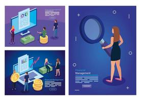 set poster of financial management with people and icons vector