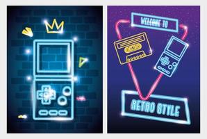 Conjunto de videojuegos de los noventa estilo retro de luz de neón. vector