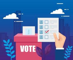 hand with vote form and ballot box vector